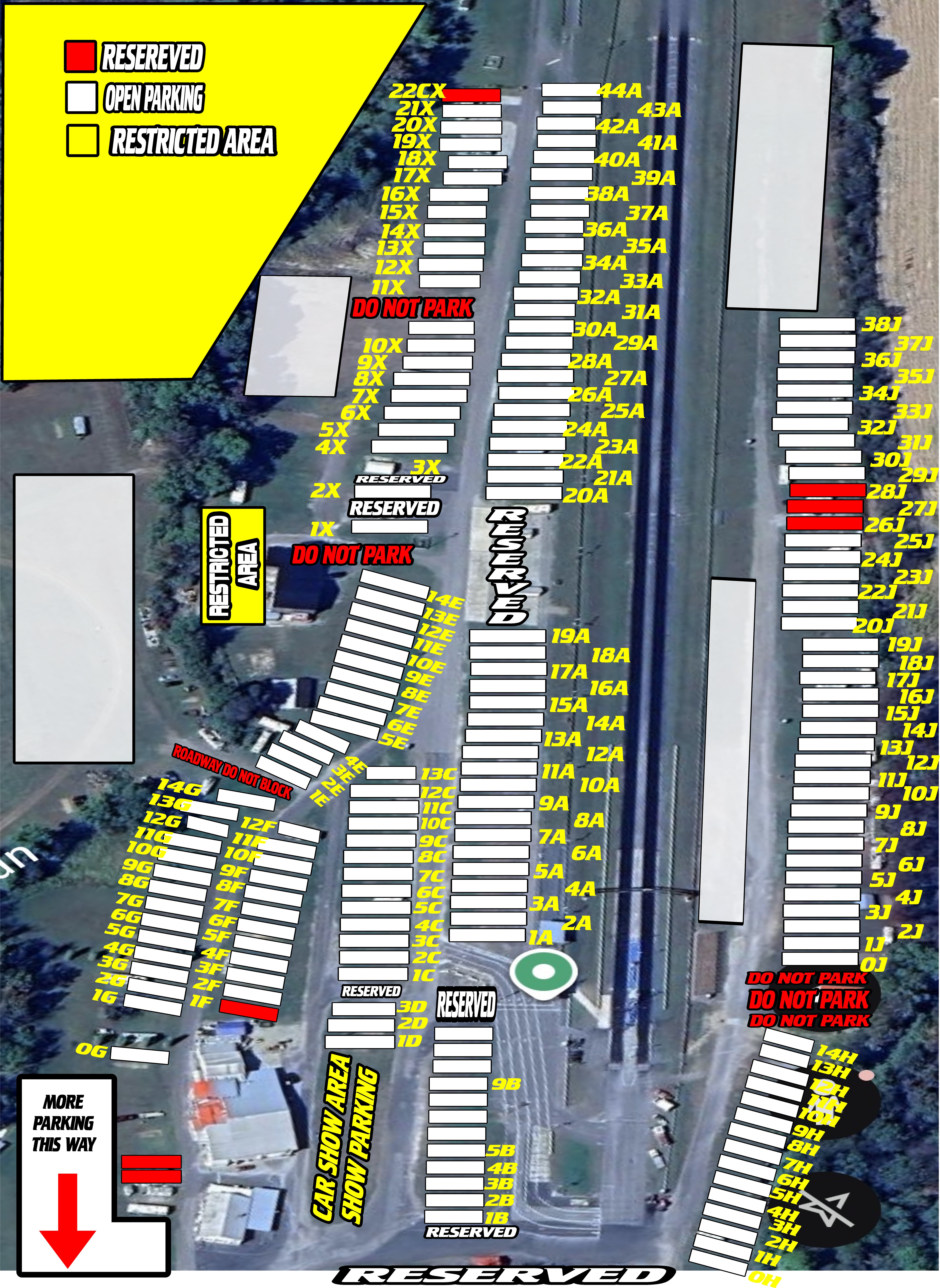 Beaver Springs Dragway lot diagram — spots labeled in yellow